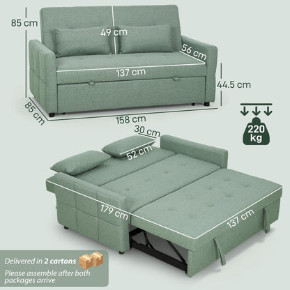 Diagram showing the dimensions of the green sofa bed in sofa and bed form