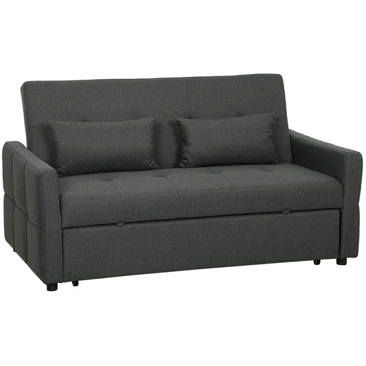 HOMCOM Three-Way Two-Seater Sofa Bed in charcoal grey fabric with two cushions
