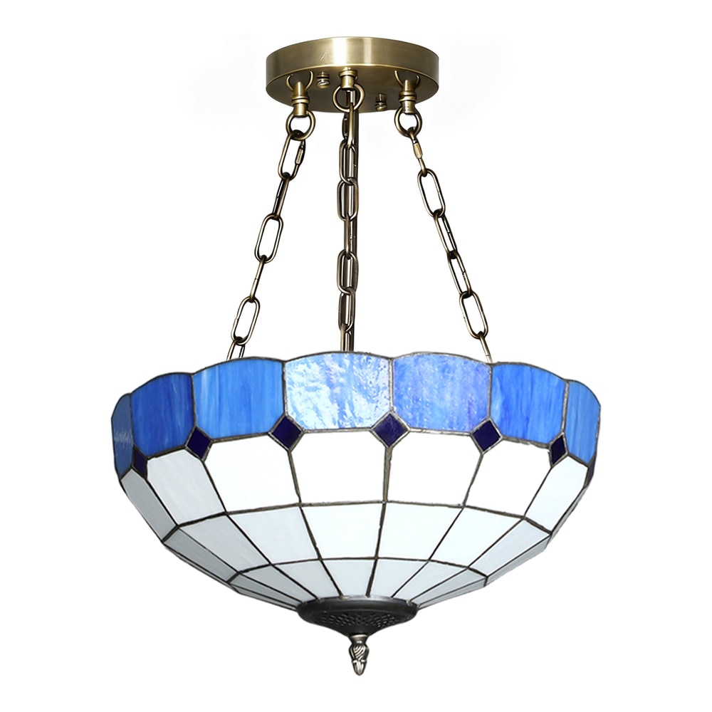HOMCOM Tiffany Style Ceiling Light with blue and white stained glass panels and brass chain