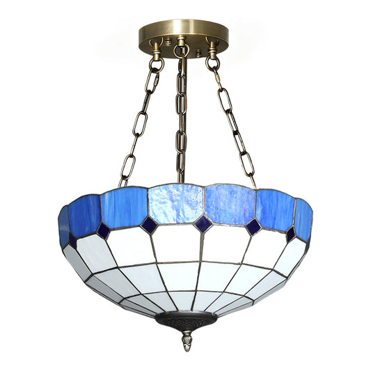 HOMCOM Tiffany Style Ceiling Light with blue and white stained glass panels and brass chain