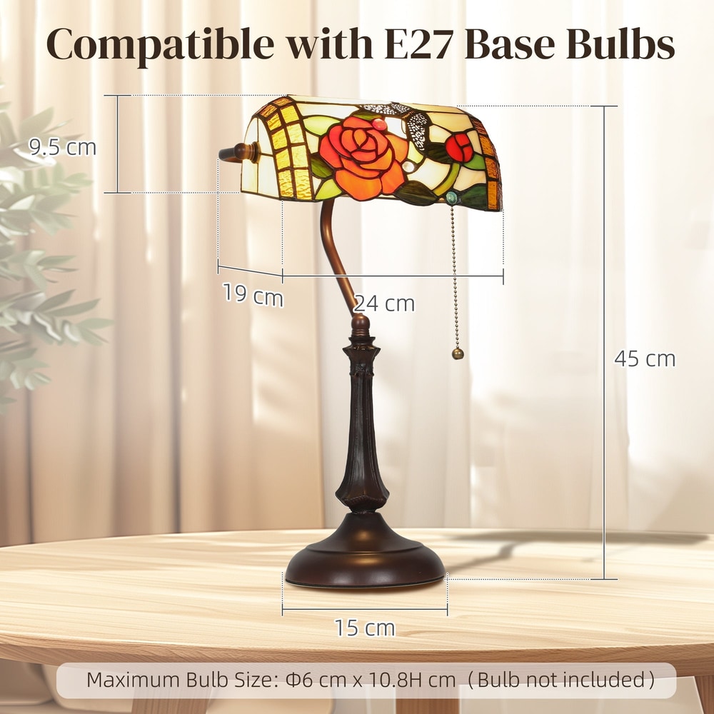 The Tiffany-style rose and butterfly table lamp with dimensions shown