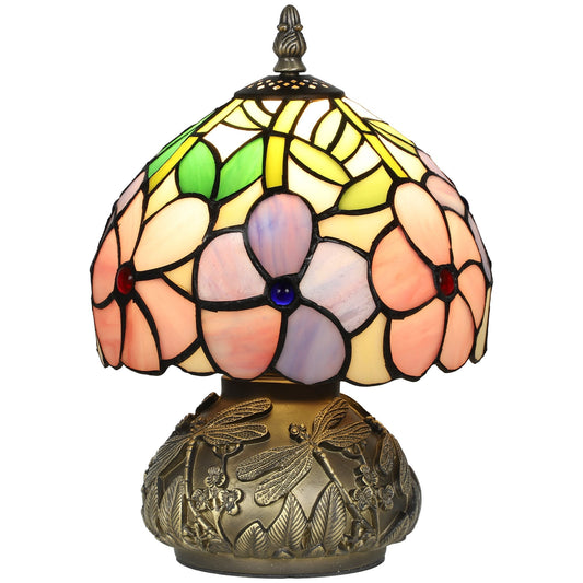 HOMCOM Tiffany-Style Table Lamp with Sculpted Dragonfly Base showing the stained glass floral shade