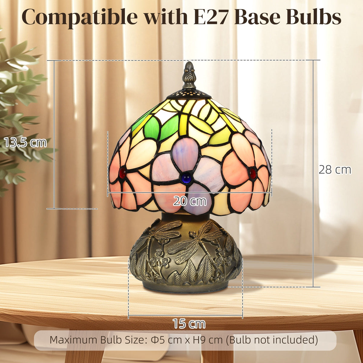The table lamp on a wooden table with lines indicating the height and width dimensions
