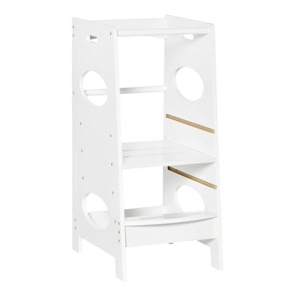 HOMCOM Toddler Step Stool Kids Adjustable Standing Tower in white, a sturdy wooden structure with two steps and a safety rail
