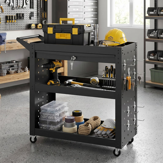 The rolling workshop cart filled with tools, a toolbox, and safety gear on its trays and pegboards