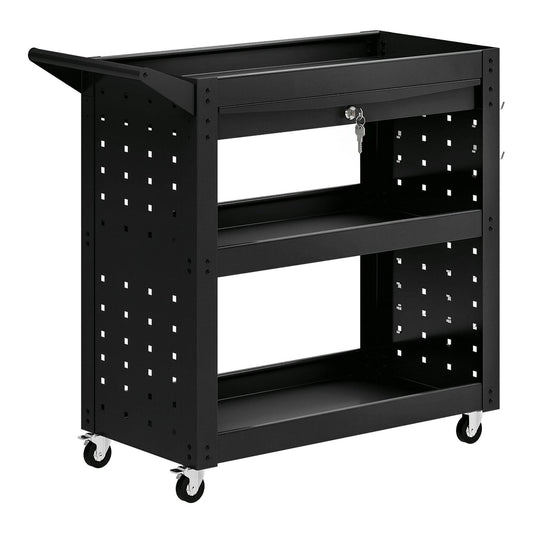 HOMCOM Tool Cart with Lockable Wheels, a black three-tier rolling workshop cart with a drawer and pegboards