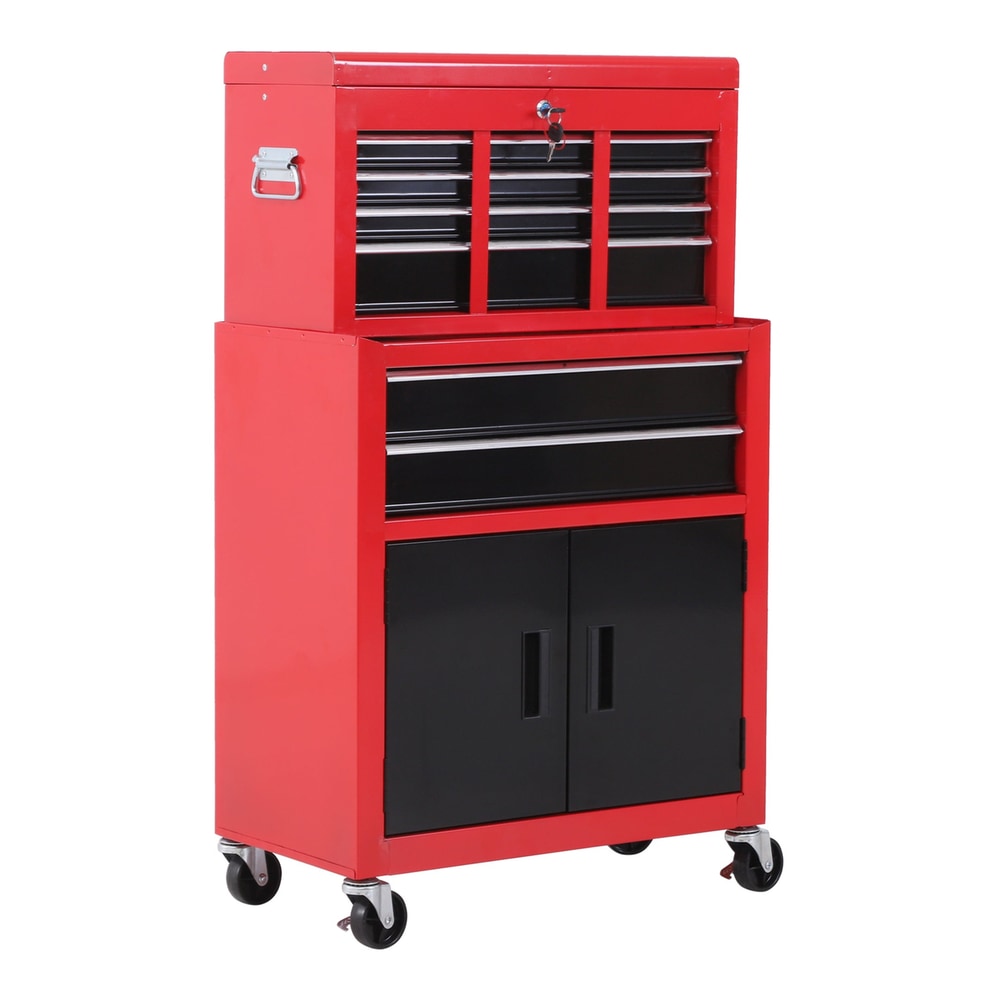 HOMCOM Tool Chest in red and black with multiple drawers and a bottom cabinet on wheels