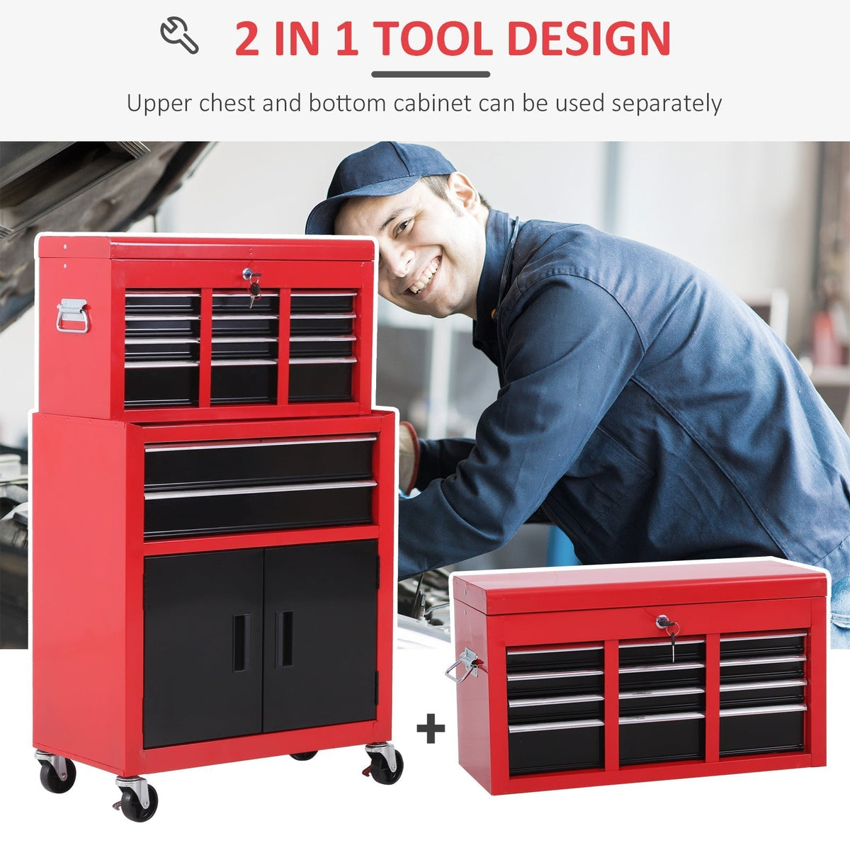 The tool chest showing the top section detached from the main rolling cabinet