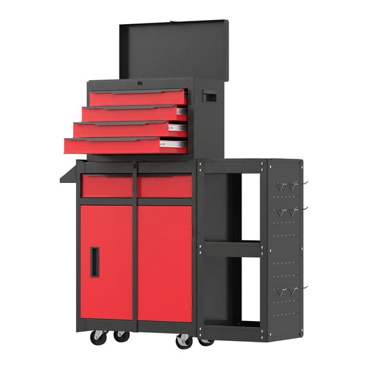 HOMCOM Tool Chest mobile modular tool box with 5 drawers, side rack, pegboard and lock in red