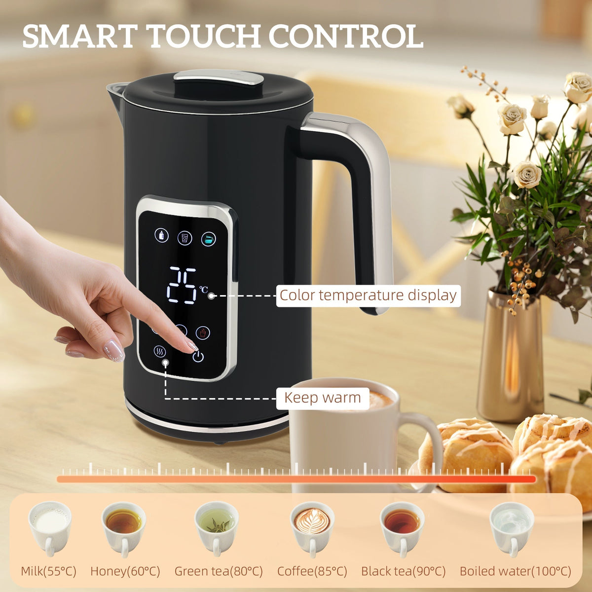 A hand touching the smart touch control panel on the black kettle