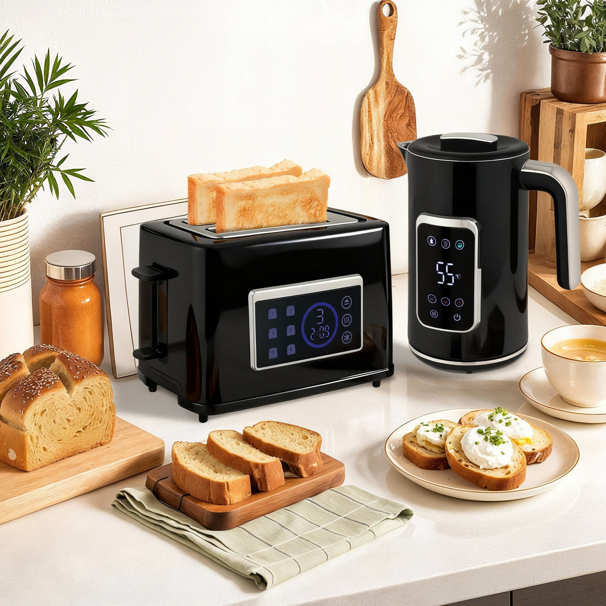 The black kettle and toaster set on a kitchen counter with bread and food