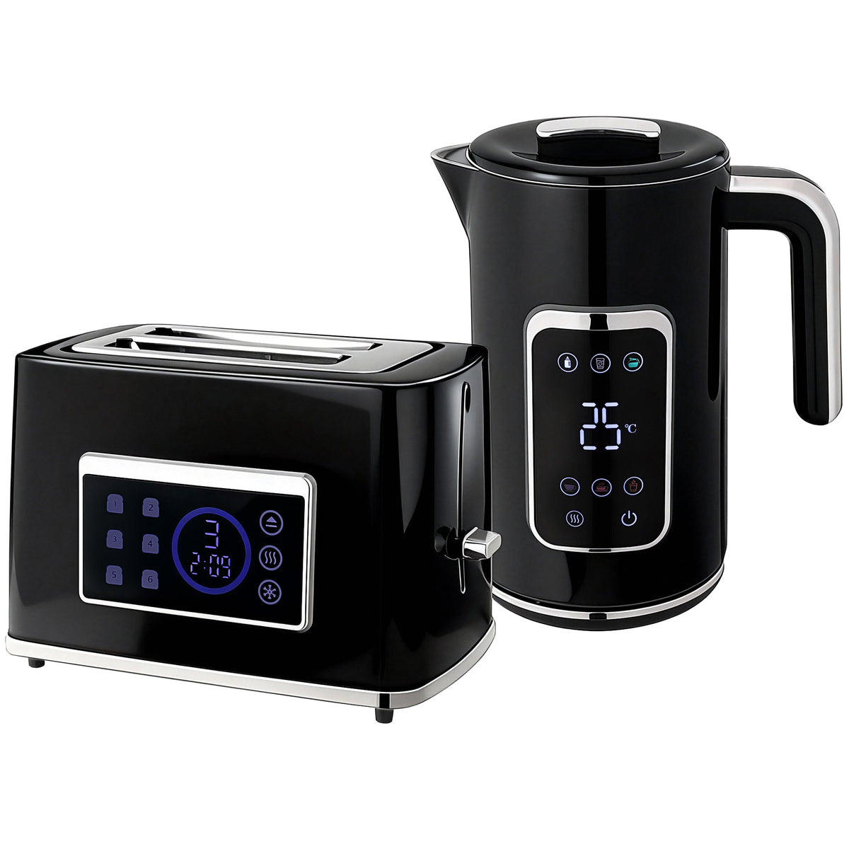 HOMCOM Touch Screen Kettle and Toaster Set - Black, a black kettle and toaster with digital displays