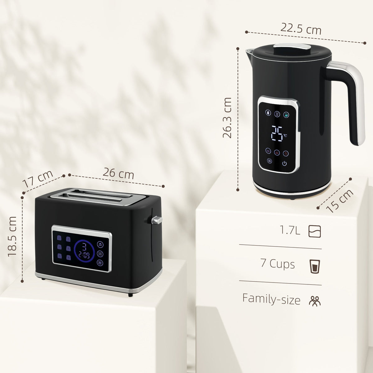 Dimensions of the black kettle and toaster set with capacity and cup size