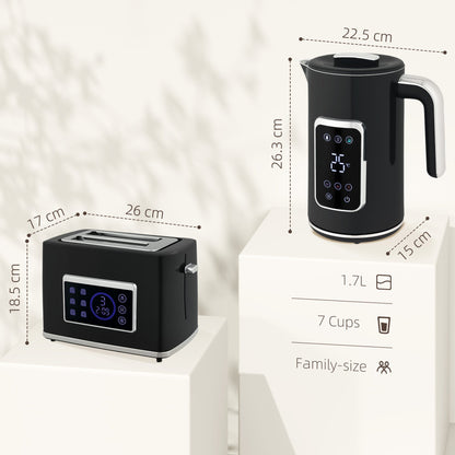 Dimensions of the black kettle and toaster set with capacity and cup size