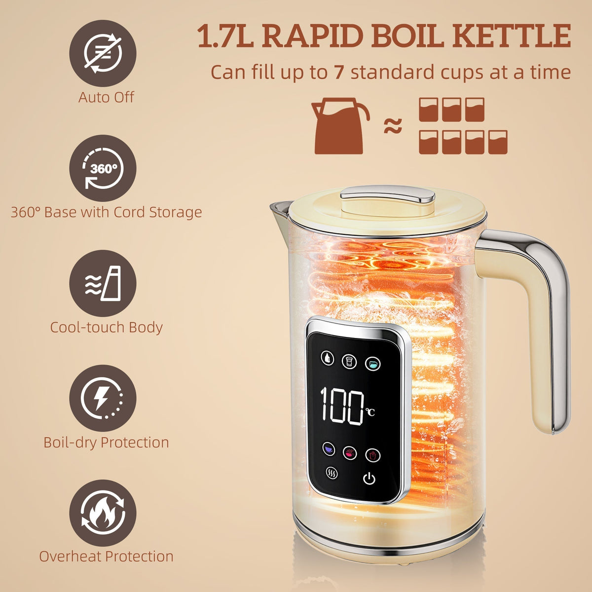 Cream touch screen kettle with auto off, boil-dry and overheat protection features