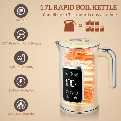 Cream touch screen kettle with auto off, boil-dry and overheat protection features