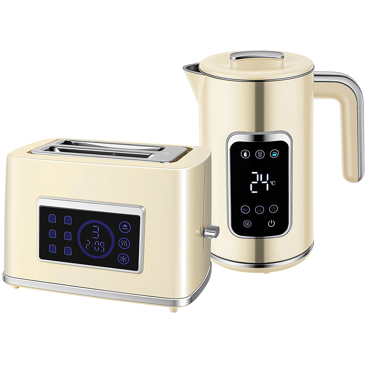 HOMCOM Touch Screen Kettle and Toaster Set in cream, showing the kettle and toaster side by side