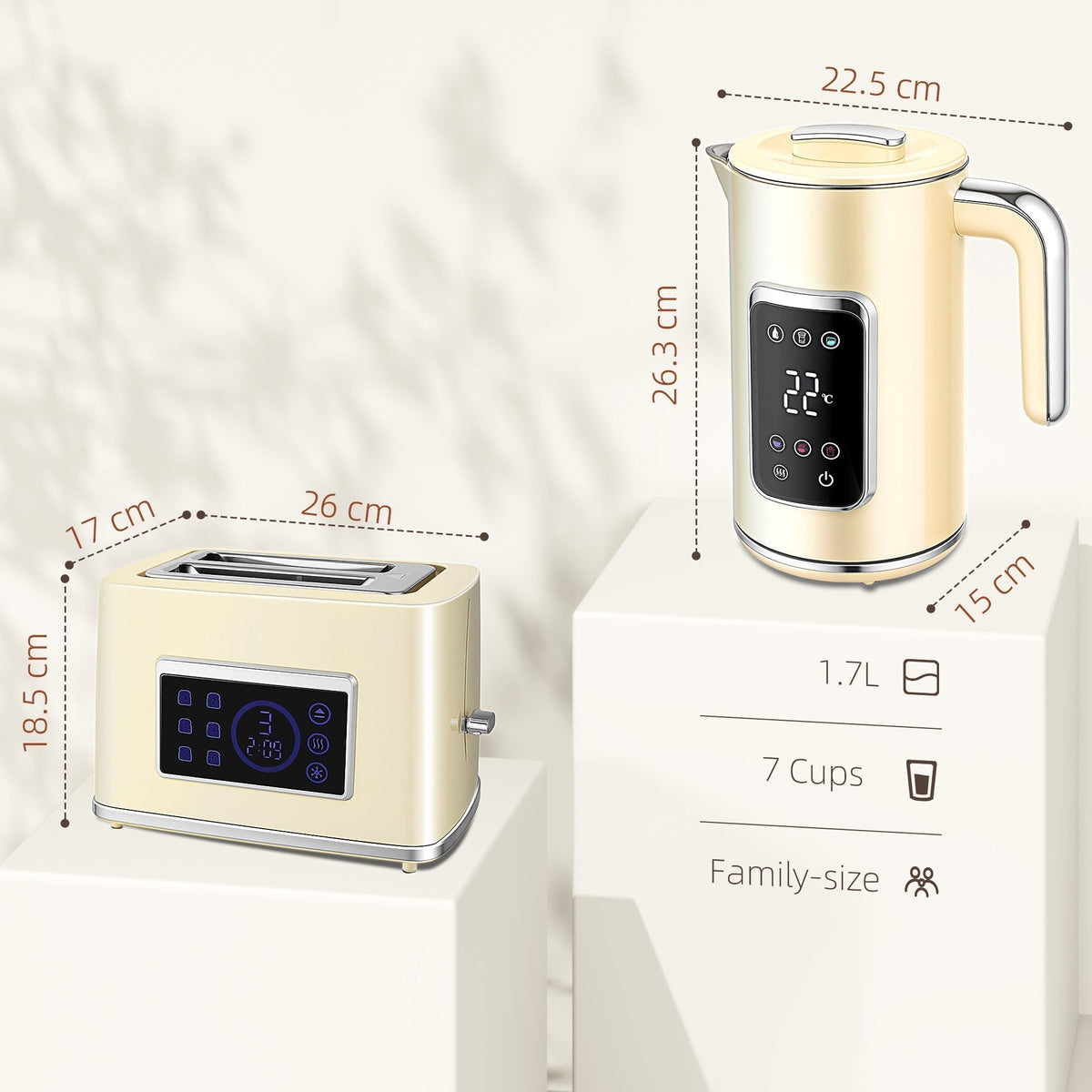 Cream kettle and toaster set with dimensions shown