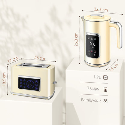 Cream kettle and toaster set with dimensions shown