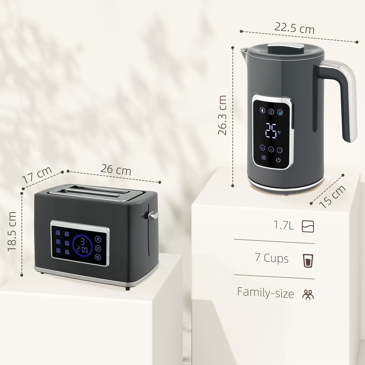 Size diagram showing dimensions of the grey kettle and toaster set