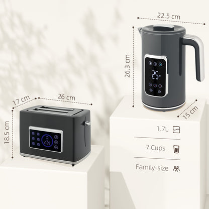 Size diagram showing dimensions of the grey kettle and toaster set
