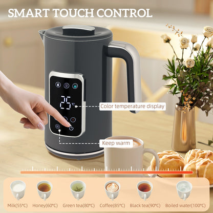 Close up of the grey kettle showing touch screen controls and temperature settings