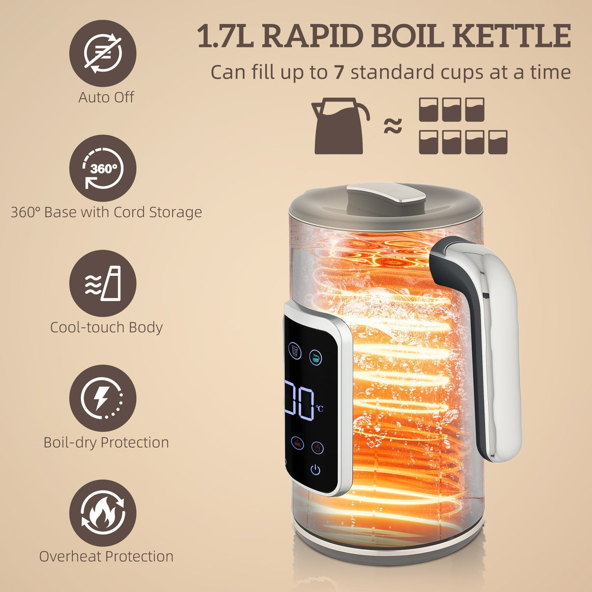 Close up of the grey kettle showing internal heating elements and features