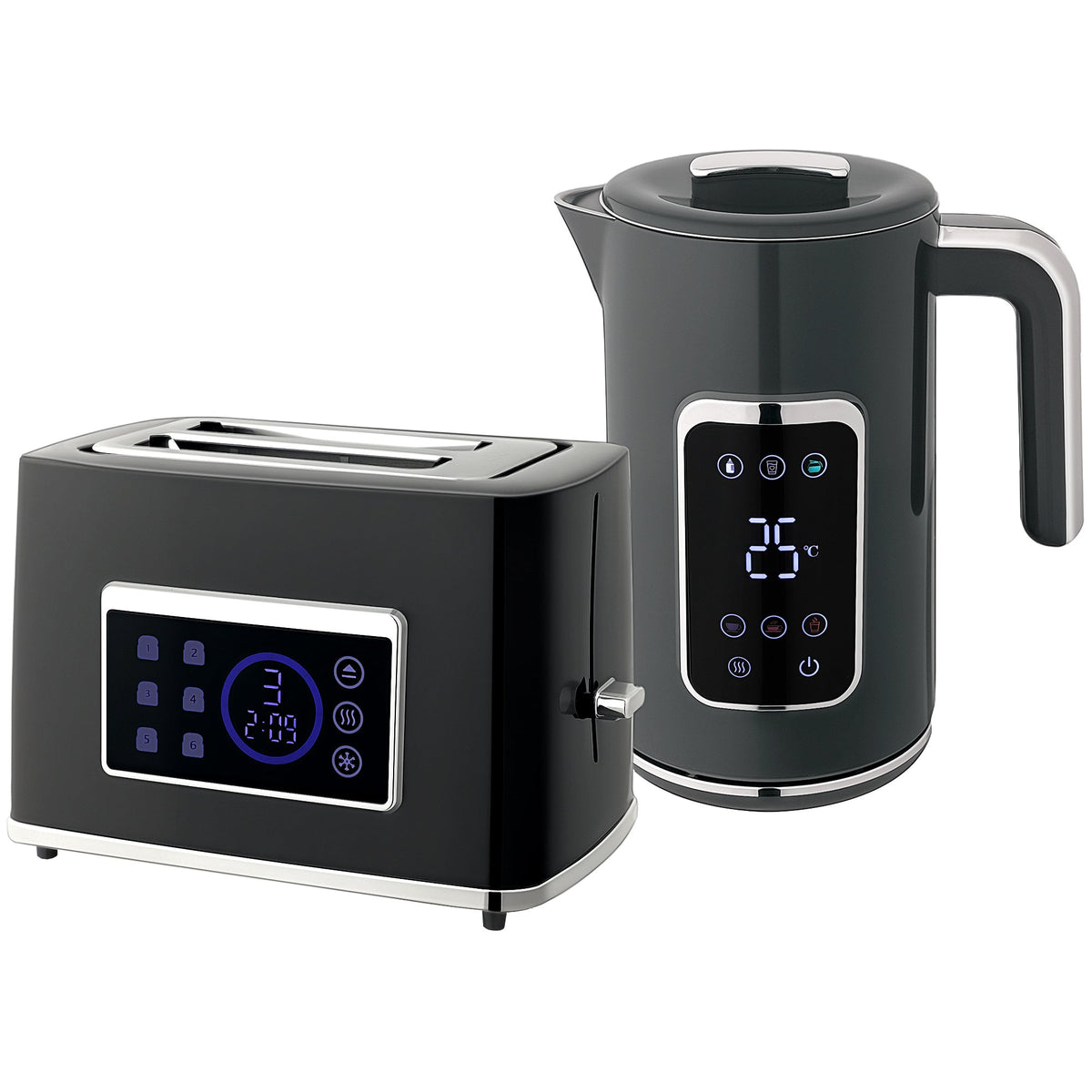 HOMCOM Touch Screen Kettle and Toaster Set in grey with digital displays