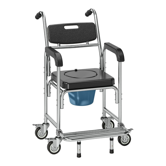 HOMCOM Transport Beside Shower Chair with a black padded seat, backrest, and blue commode bucket