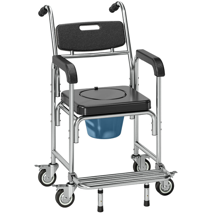 HOMCOM Transport Beside Shower Chair with a black padded seat, backrest, and blue commode bucket