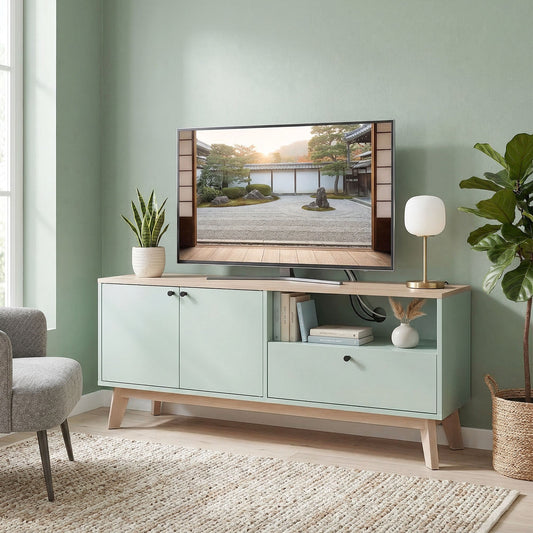 The TV unit holding a television and decor in a bright living room setting with a rug and plant