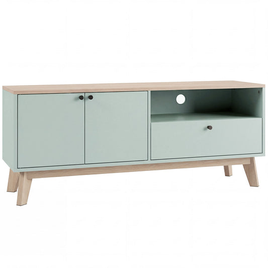 HOMCOM TV Stand Cabinet with two doors and a drawer on light wooden legs against a white background