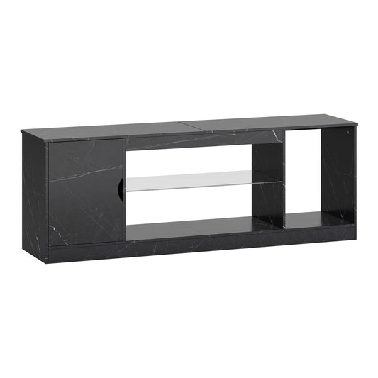 HOMCOM TV Stand Cabinet in black marble effect with a glass shelf and storage cabinet