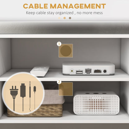 Close up of the TV unit's open shelves showing cable management holes and ports