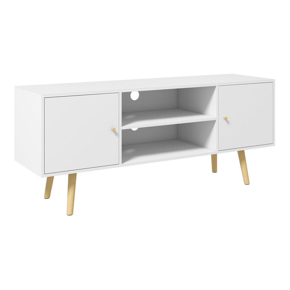 HOMCOM TV Stand Cabinet up to 55 Inches, a white unit with two doors and open shelves on wooden legs