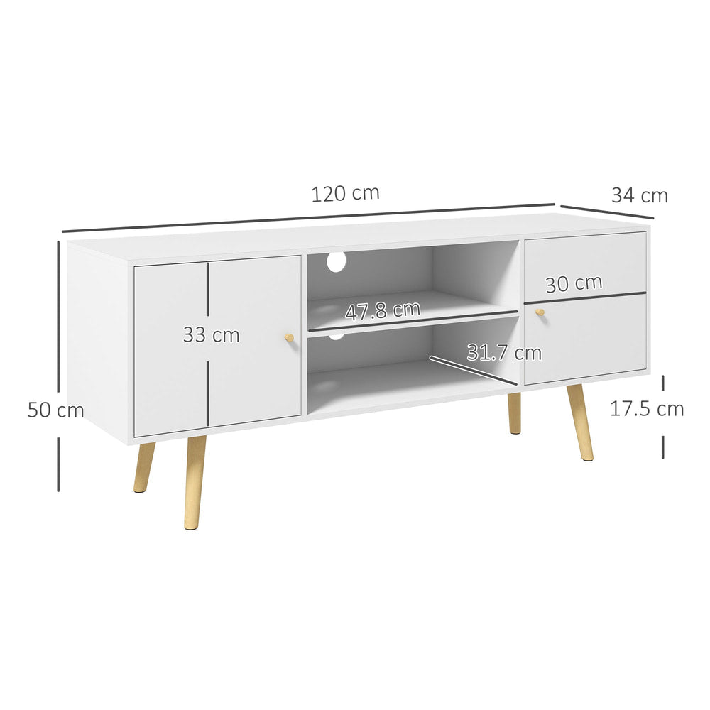 White TV unit with dimensions shown, including height, width, and depth of shelves and cupboards
