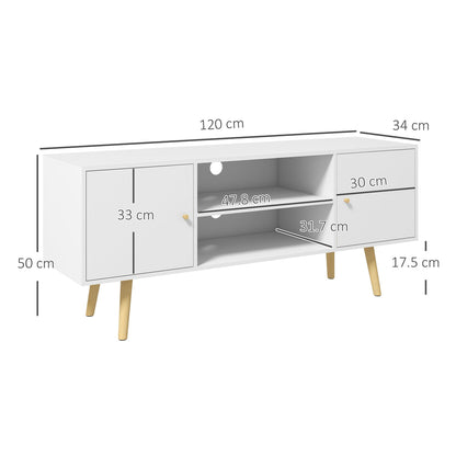 White TV unit with dimensions shown, including height, width, and depth of shelves and cupboards