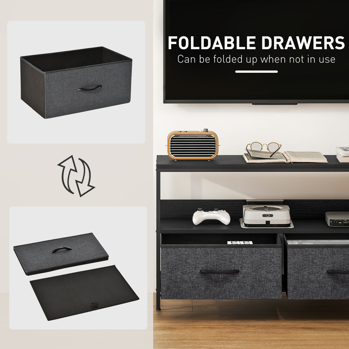 Close up of a foldable drawer for the TV unit, showing it can be folded flat