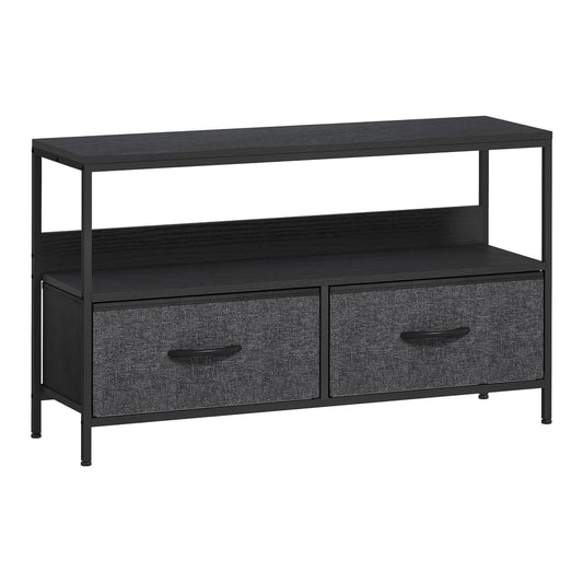 HOMCOM TV Stand Cabinet with 2 Foldable Drawers in black, a long unit with a shelf above two drawers