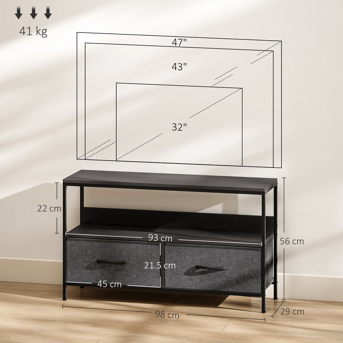HOMCOM TV Stand Cabinet with 2 Foldable Drawers, size diagram for the black TV unit showing dimensions and recommended TV