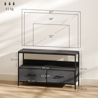 HOMCOM TV Stand Cabinet with 2 Foldable Drawers, size diagram for the black TV unit showing dimensions and recommended TV