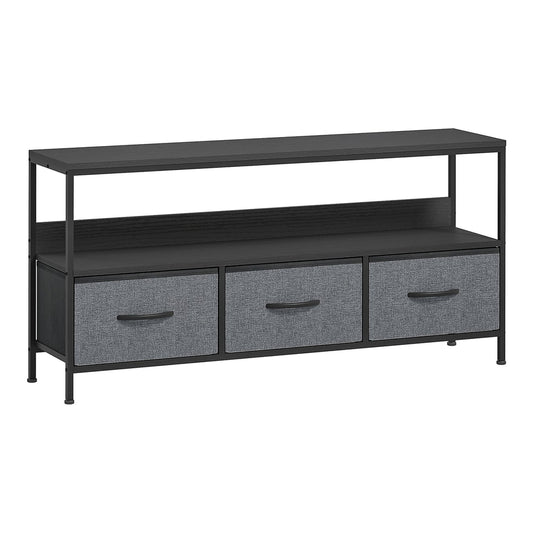 HOMCOM TV Stand Cabinet with 3 Foldable Drawers in black with grey fabric storage boxes