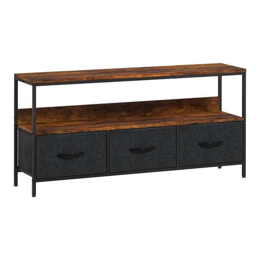 HOMCOM TV Stand Cabinet with 3 Foldable Drawers in rustic brown and black metal frame