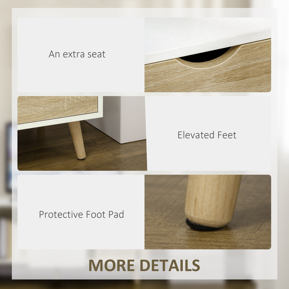 Close up of the TV unit cabinet showing elevated feet and protective pads