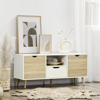 TV stand with storage cabinets and drawer in a living room setting