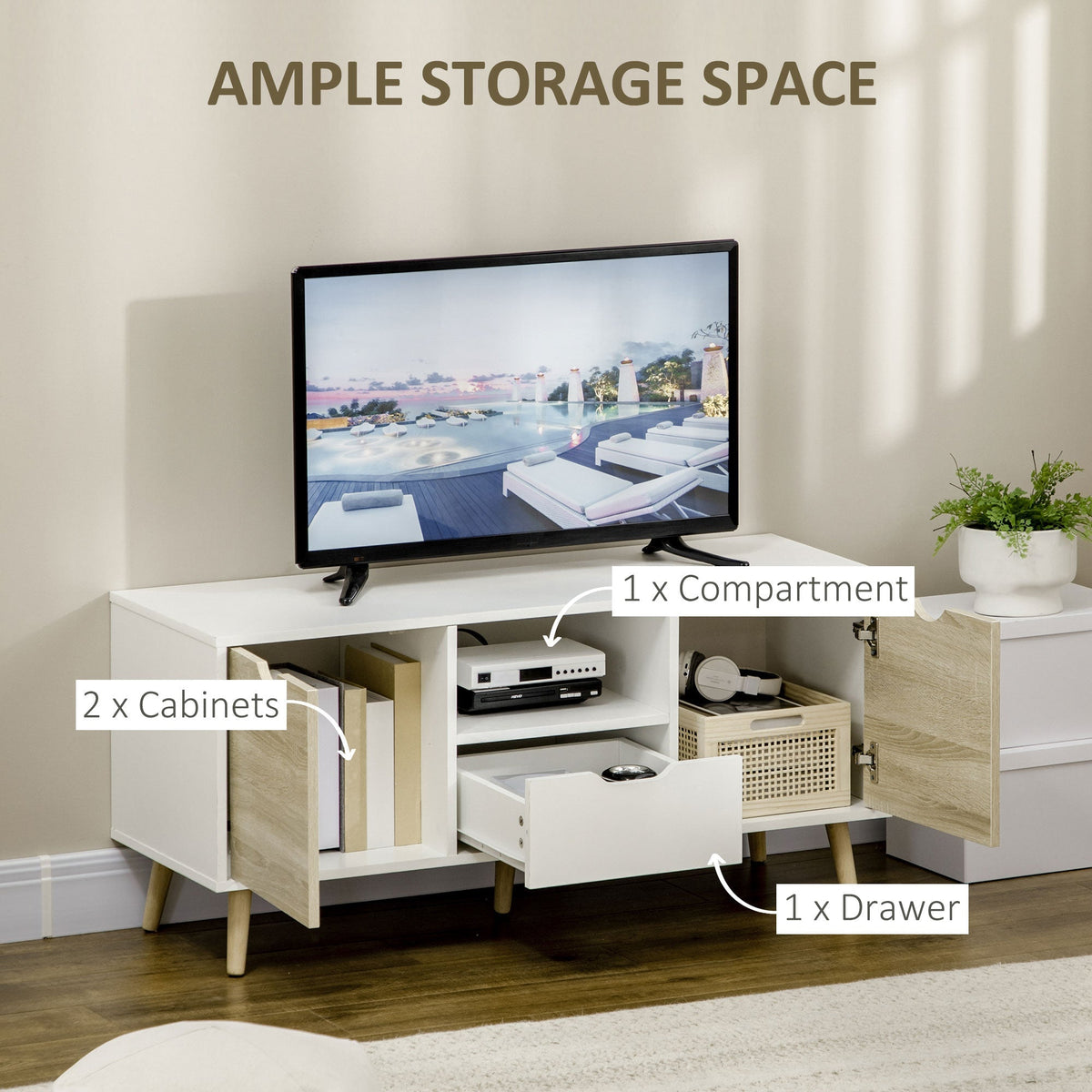 TV unit cabinet with ample storage space and compartments