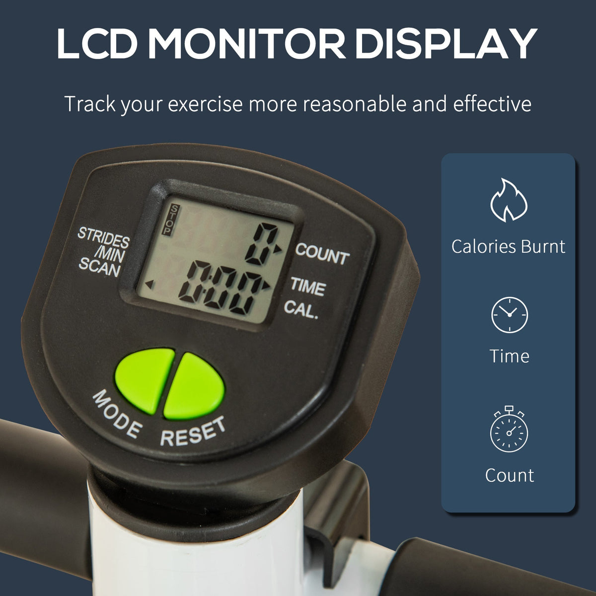 Close up of the LCD monitor display on the white and green exercise stepper