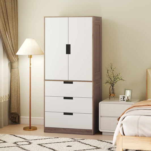 The two door, two drawer wardrobe is shown in a bedroom setting next to a bed