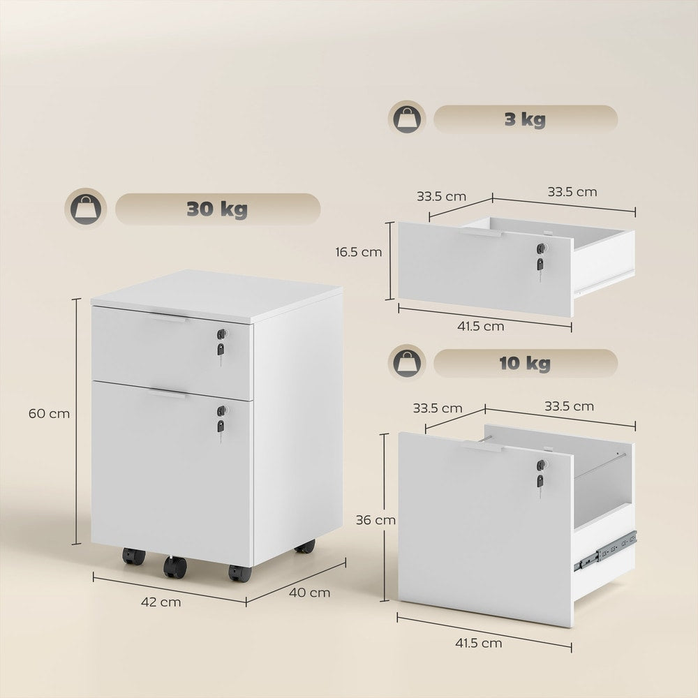 Size diagram of the white two-drawer lockable filing cabinet showing dimensions and weight capacity