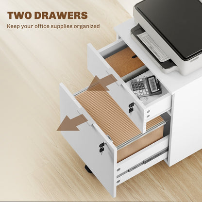 The white two-drawer lockable filing cabinet with drawers open showing storage space